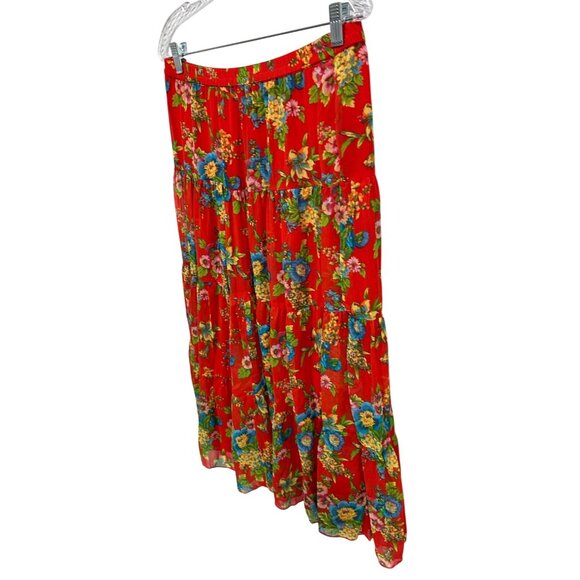 Linea By Louis DellOlio Floral Tiered Red Pleated MidiBoho Peasant Skirt Sz M - Picture 3 of 10